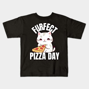 A Cat Enjoying a Furfect Pizza Day Kids T-Shirt